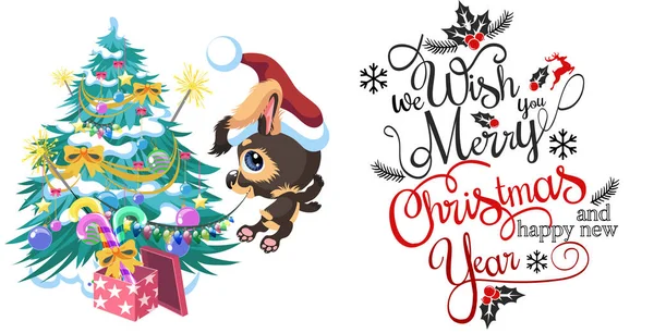 Desenhos animados bonito cão feliz decoração árvore de Natal —  Vetores de Stock