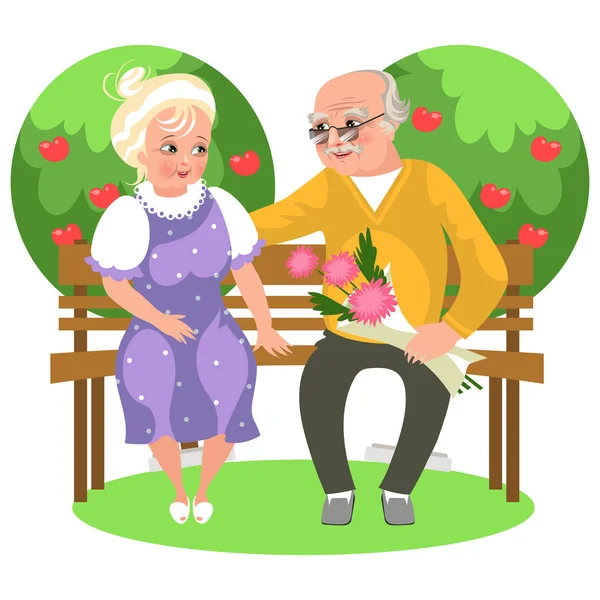 Dibujos animados feliz pareja sentado en el jardín en el banco — Vector de stock