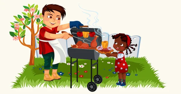 Dibujos animados padre encantador cocina para hija pequeña — Vector de stock