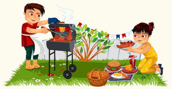 Linda morena joven hombre cocina en barbacoa — Vector de stock