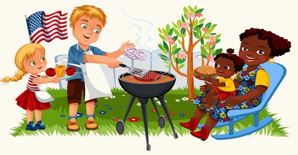 Familia americana feliz cocina barbacoa al aire libre en casa — Vector de stock