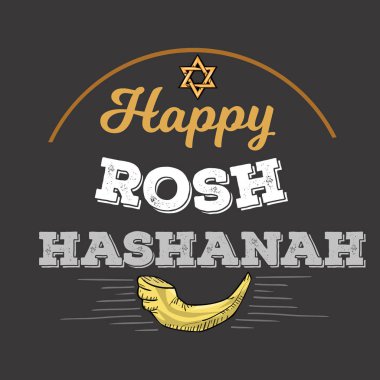 Rosh Hashanah metin yazı. Siyah arka plan üzerine izole logo vektör çizim karikatür ile mutlu Yahudi yeni yılı tebrik kartı tasarımı