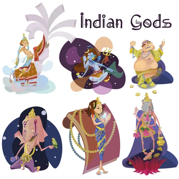 Set of isolated Indian Gods meditation in yoga poses lotus and Goddess hinduism religion, traditional asian culture spiritual mythology, deity worship festival vector illustrations, T-shirt concepts — Stock Vector