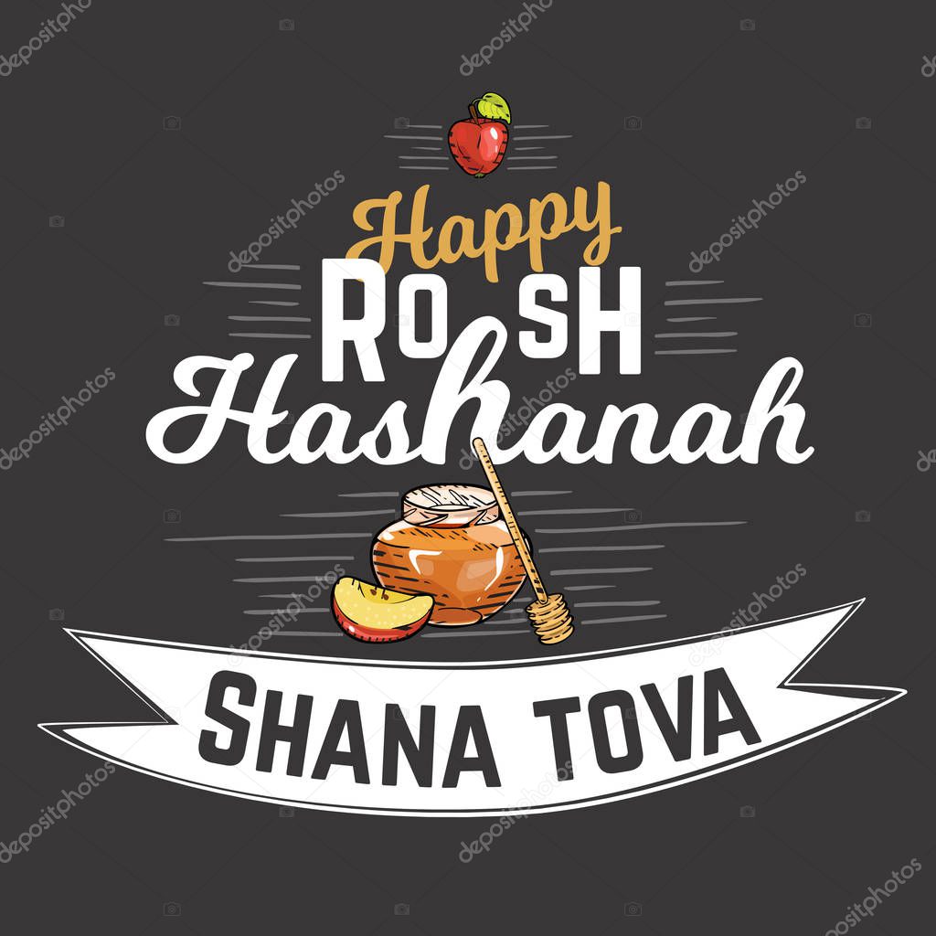 Rosh HaShanah text lettering. Happy Jewish New Year greeting card design with logo vector illustration cartoon isolated on black background.