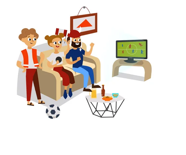 Amigos de dibujos animados animando al equipo de fútbol favorito — Vector de stock