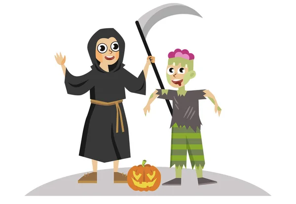 Cartoon jongens in Halloween mysterie kostuums poster — Stockvector