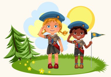 Kız ve erkek yeşil çayır üzerinde duran selamlayan