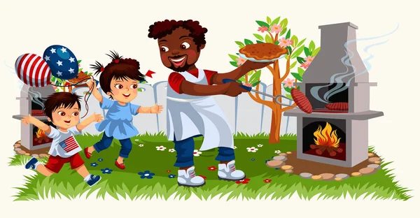 Picture of cheerful family cooking bbq and spending time together — Stock Vector