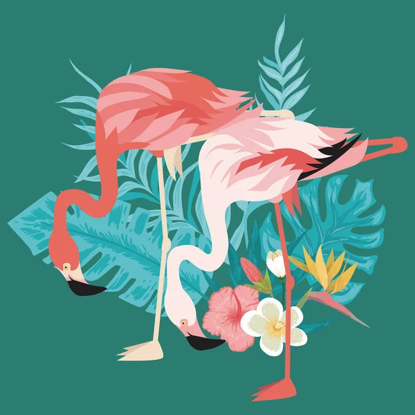 Casal de flamingo em pé sobre folhas tropicais —  Vetores de Stock