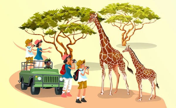 Alegres visitantes de dibujos animados con cámaras caminando en la naturaleza con jirafas — Vector de stock