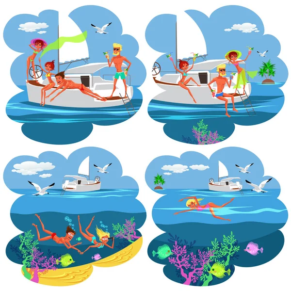 Cartoon Collection Pictures People Having Fun Yacht Set Men Women — Stock Vector