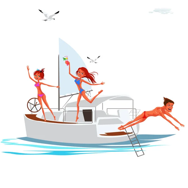 Cartoon company having fun on luxury yacht — Stock Vector