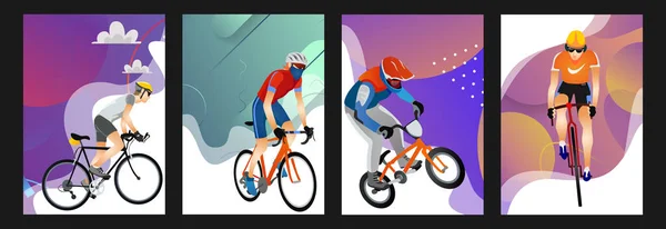 Rajzfilm gyűjtemény a férfiak a különböző típusú kerékpárok — Stock Vector