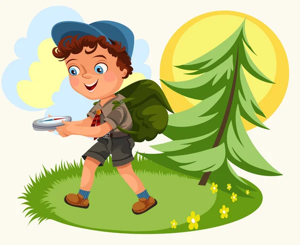 Niños de dibujos animados siguiendo la brújula en el bosque — Vector de stock