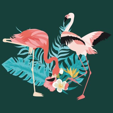 Tropikal pembe flamingo kuşları ve egzotik bitkiler