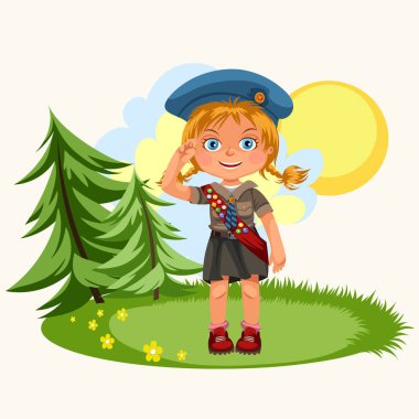 Güzel kız yeşil çayır üzerinde duran selamlayan