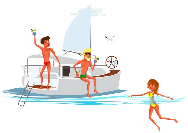 Dessin animé personnes nageant et se reposant sur yacht de luxe — Image vectorielle