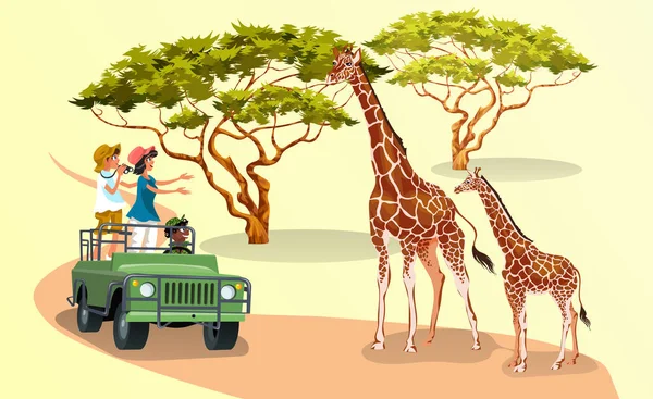 Glückliche Cartoon-Familie blickt auf große schöne Giraffe — Stockvektor