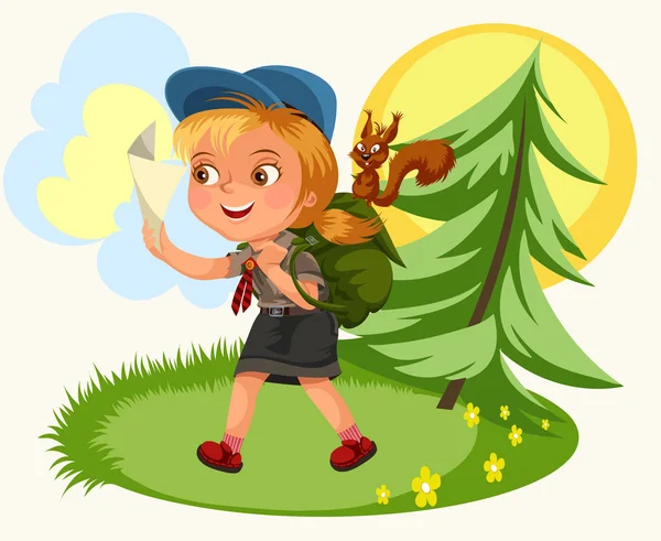 Niños de dibujos animados siguiendo la brújula en el bosque — Vector de stock