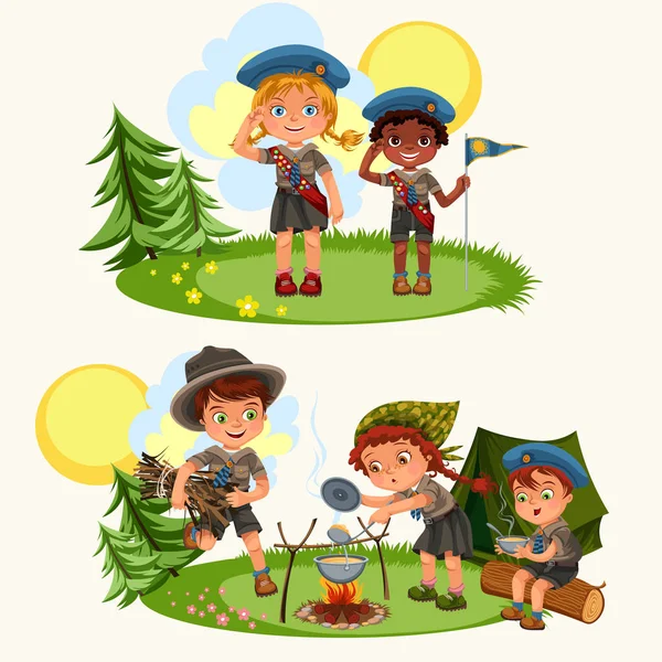 Dibujos animados niños felices divirtiéndose juntos en el bosque — Vector de stock