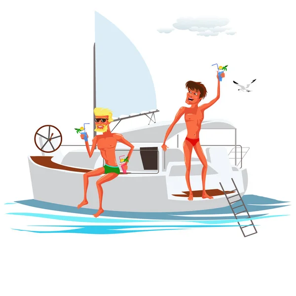 Dva karikatura muže s chlazením nápojů na jachtě — Stockový vektor