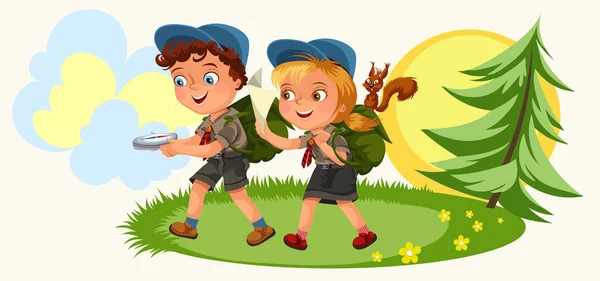 Niños de dibujos animados siguiendo la brújula en el bosque — Vector de stock