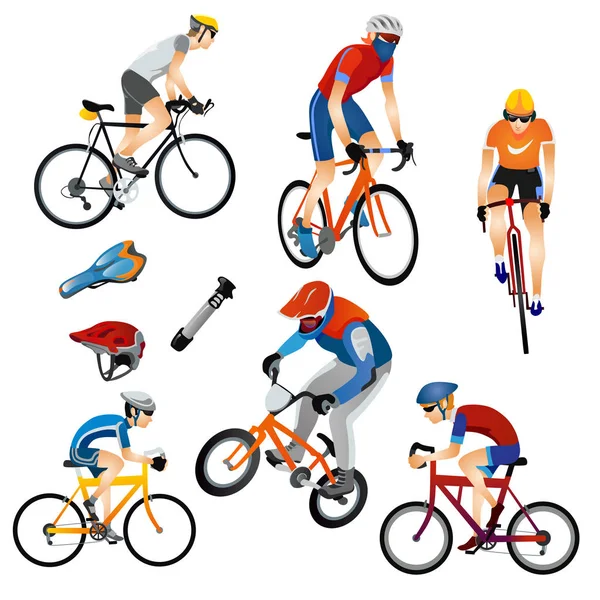 Cartoon collection of men with different types of bicycles — Stock Vector