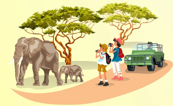 I turisti dei cartoni animati scattano foto di famiglia di elefanti che camminano nello zoo — Vettoriale Stock