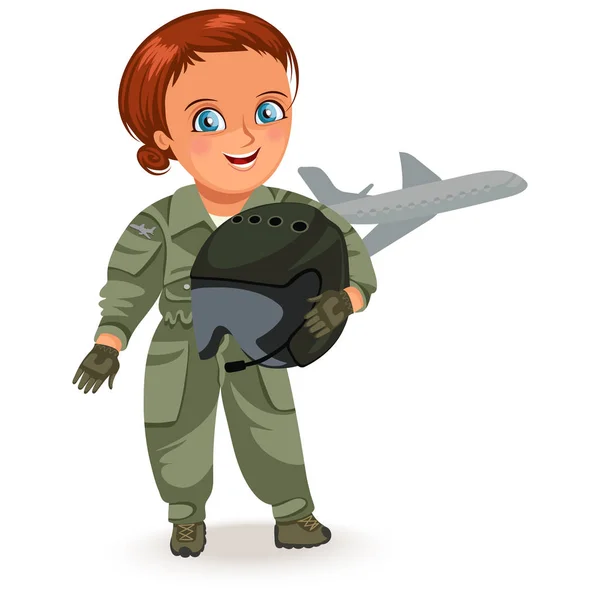 不是女性职业, 在制服的坚强的妇女飞行员与军事头盔在他的胳膊, 努力工作的女孩, 女权主义者工作者向量例证 — 图库矢量图片