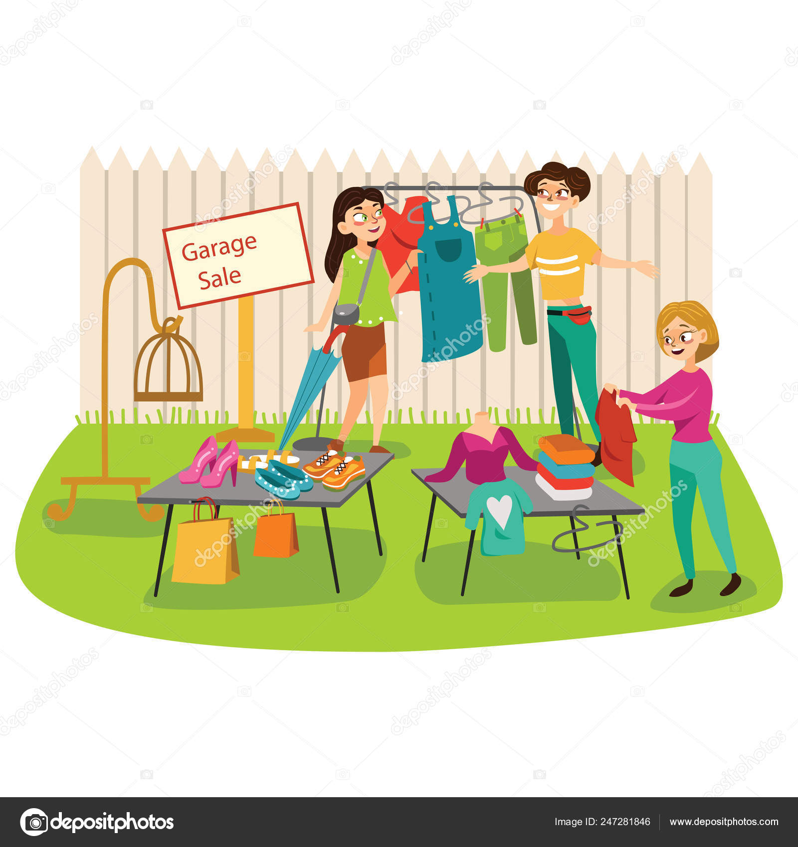 Garage Sale Young beautiful women at the weekly cloth market, girls choose  clothes at the sale of used items, seller and buyer in market outdoor,  shopping vector illustration Stock Vector by ©AnutaBerg