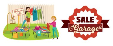 Garaj satışı genç güzel kadın haftalık bez pazarında, kızlar Pazar açık, alışveriş vektör çizim içinde kullanılan öğeleri, satıcı ve alıcı satışı, kıyafetler seçin