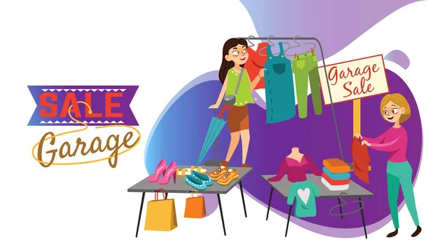 Vente de garage Jeunes belles femmes au marché hebdomadaire de tissu, les filles choisissent des vêtements à la vente d'articles d'occasion, vendeur et acheteur dans le marché en plein air, illustration vectorielle shopping — Image vectorielle