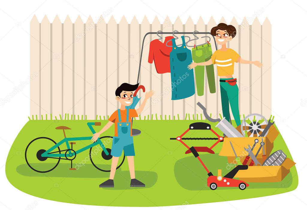 Garage Sale Young beautiful women sell used stuff at the weekly cloth market, girls choose clothes at the sale, boy seller old Bicycle and buyer outdoor, shopping vector illustration