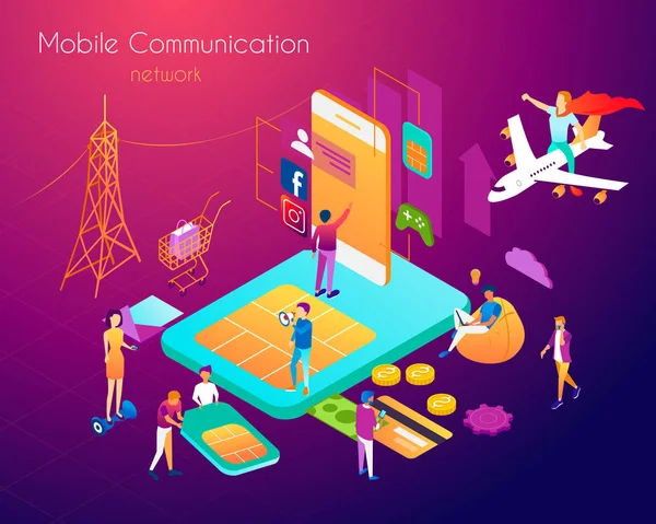 Personnel multitâche hautement productif et réseau de communication mobile — Image vectorielle