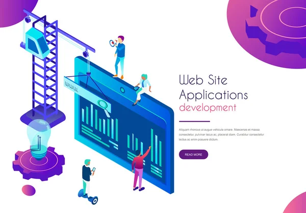 Website applicatie ontwikkeling bestemmingspagina. Sjabloon voor mensen met creatieve ideeën bezig met ontwerp isometrische vectorillustratie. Interface en technologie concept — Stockvector