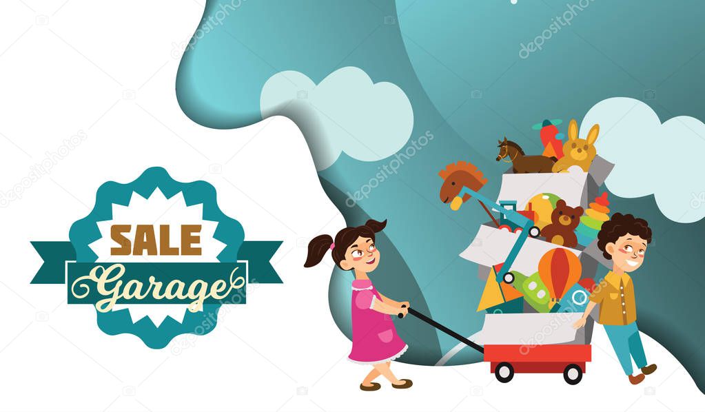 Garage Sale, Boy and girl bought toys at spring sale, children carry cart with boxes used toy, kids sell old used toys, second hand plaything vector illustration