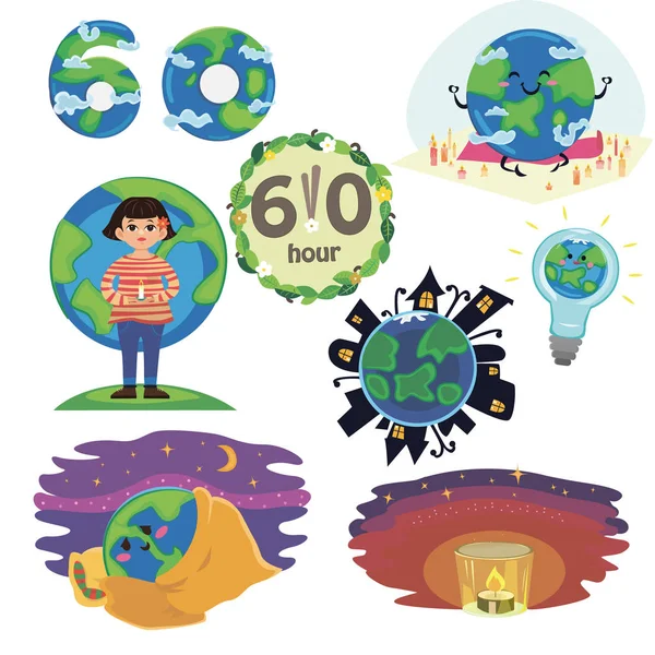 Set aarde uur concept opslaan planeet 60 minuten of een uur licht kaarsen licht 's nachts voor internationale Werelddag, vectorillustratie uitschakelen — Stockvector