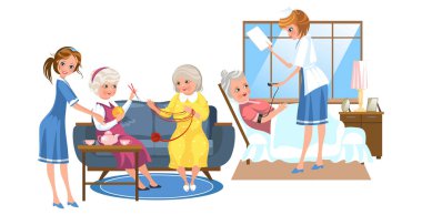 Yaşlı insanların bakımı hemşireler karikatür resmi