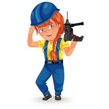 Not female professions, Strong woman builder in uniform with drill screwdriver in his arms , hard working girl, feminists worker vector illustration clipart