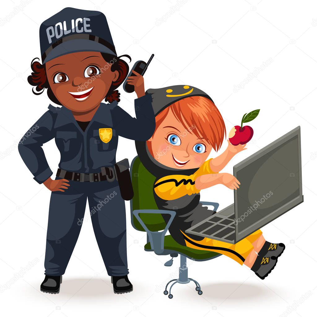 Not female professions, strong woman police officer uniform with holding radio set and programmer hacker programming on laptop , safety secutiry girl, feminists worker vector illustration