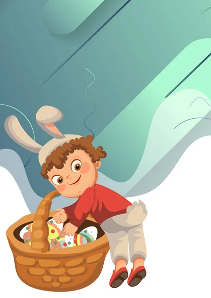 Niña o niño cazando huevo de chocolate decorativo grande en traje de conejo de Pascua con orejas y cola, ilustración vectorial, diversión de vacaciones de primavera aislada en blanco — Vector de stock