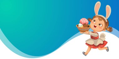 Küçük kız dekoratif çikolata yumurta Paskalya bunny kostüm kulaklarında avcılık çalıştıran gülümseme ve vektör çizim kuyruk, bahar tatil eğlenceli beyaz üzerinde yumurta avcı için Paskalya sepeti ile çalıştırmak bebek izole.