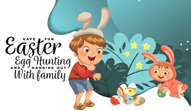 Küçük çocuk gülümseme avcılık dekoratif çikolata yumurta Paskalya tavşanı fırça altında kostüm kulakları ve kuyruğu, vektör çizim, bahar tatil eğlenceli, izole üzerinde beyaz, yumurta avcı için Paskalya sepeti