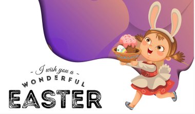 Küçük kız dekoratif çikolata yumurta Paskalya bunny kostüm kulaklarında avcılık çalıştıran gülümseme ve vektör çizim kuyruk, bahar tatil eğlenceli beyaz üzerinde yumurta avcı için Paskalya sepeti ile çalıştırmak bebek izole.