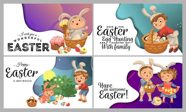 Набор счастливых детей в костюме кролика с ушами, охотящимися на пасхальные яйца, дети играют в кроликов на весенние праздники, декоративная корзина под векторной иллюстрацией кустов Стоковая Иллюстрация