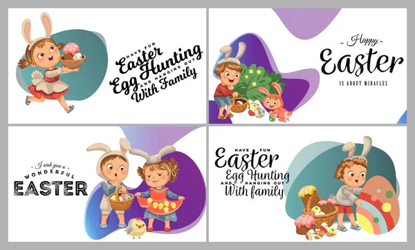 Conjunto de crianças felizes em traje de coelho com orelhas caçando ovos de páscoa, as crianças jogam coelhos nas férias de primavera, cesta decorativa sob a ilustração do vetor do arbusto Ilustração De Stock