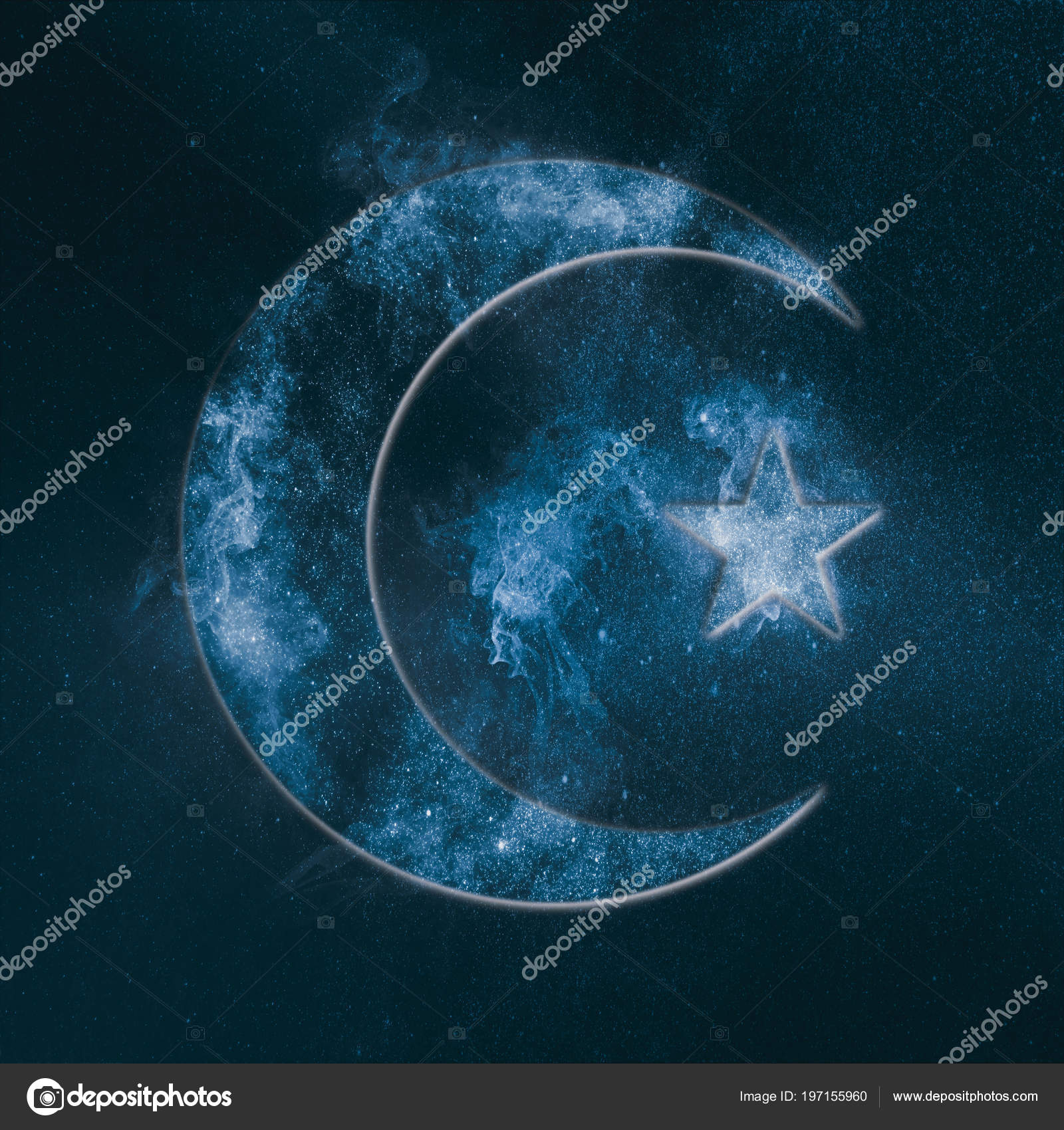 Symbol of Islam. Star and crescent moon. Abstract night sky