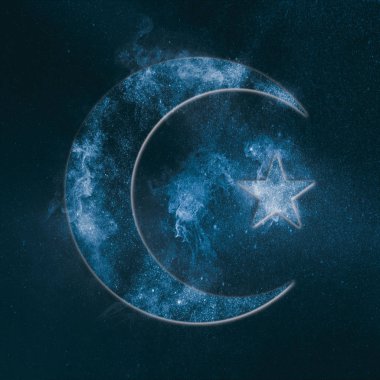 İslam'ın sembolüdür. Yıldız ve hilal ay. Soyut gece gökyüzü arka plan. 