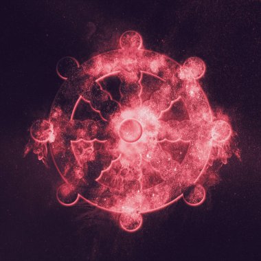 Dharma tekerlek sembolünü Budizm. Soyut gece gökyüzü arka plan.