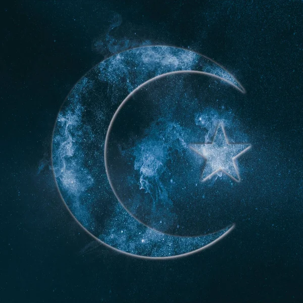 Símbolo Islão Estrela Lua Crescente Abstrato Céu Noite Fundo — Fotografia de Stock